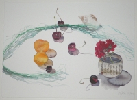 Aprikosen und Kirschen mit Strandgut, 2009, Aquarell und Graphit auf Hadern